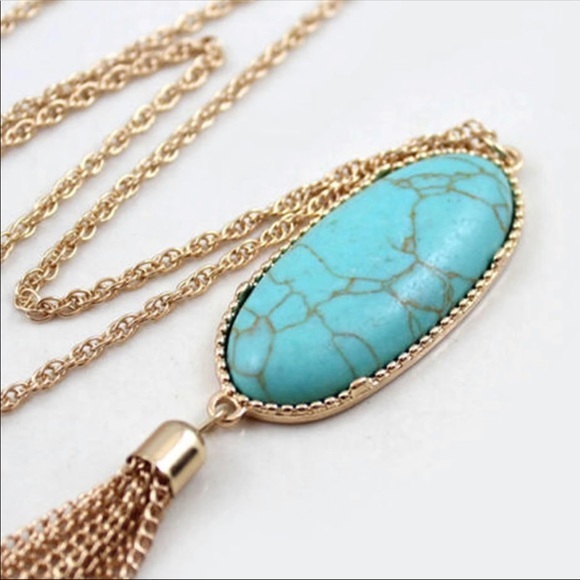 NEW Long Tassel Turquoise Druzy Stone Necklace - Picture 1 of 7